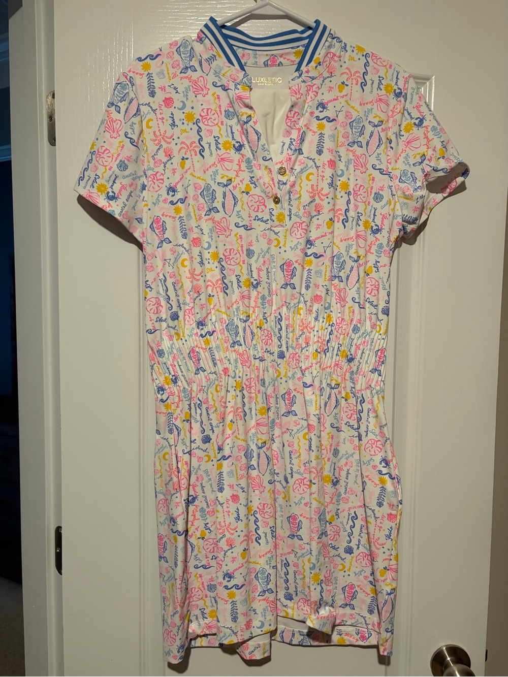 Lilly Pulitzer Luxletic White Short Sleeve Dress with Pink, Blue & Yellow Print